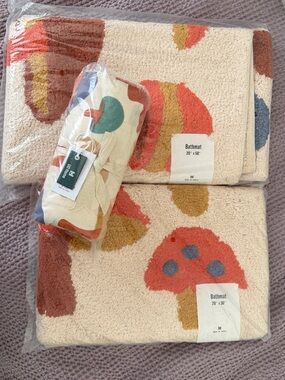 Urban Outfitters Mushroom Pattern Bathmats, Runner, and Shower Curtain Set